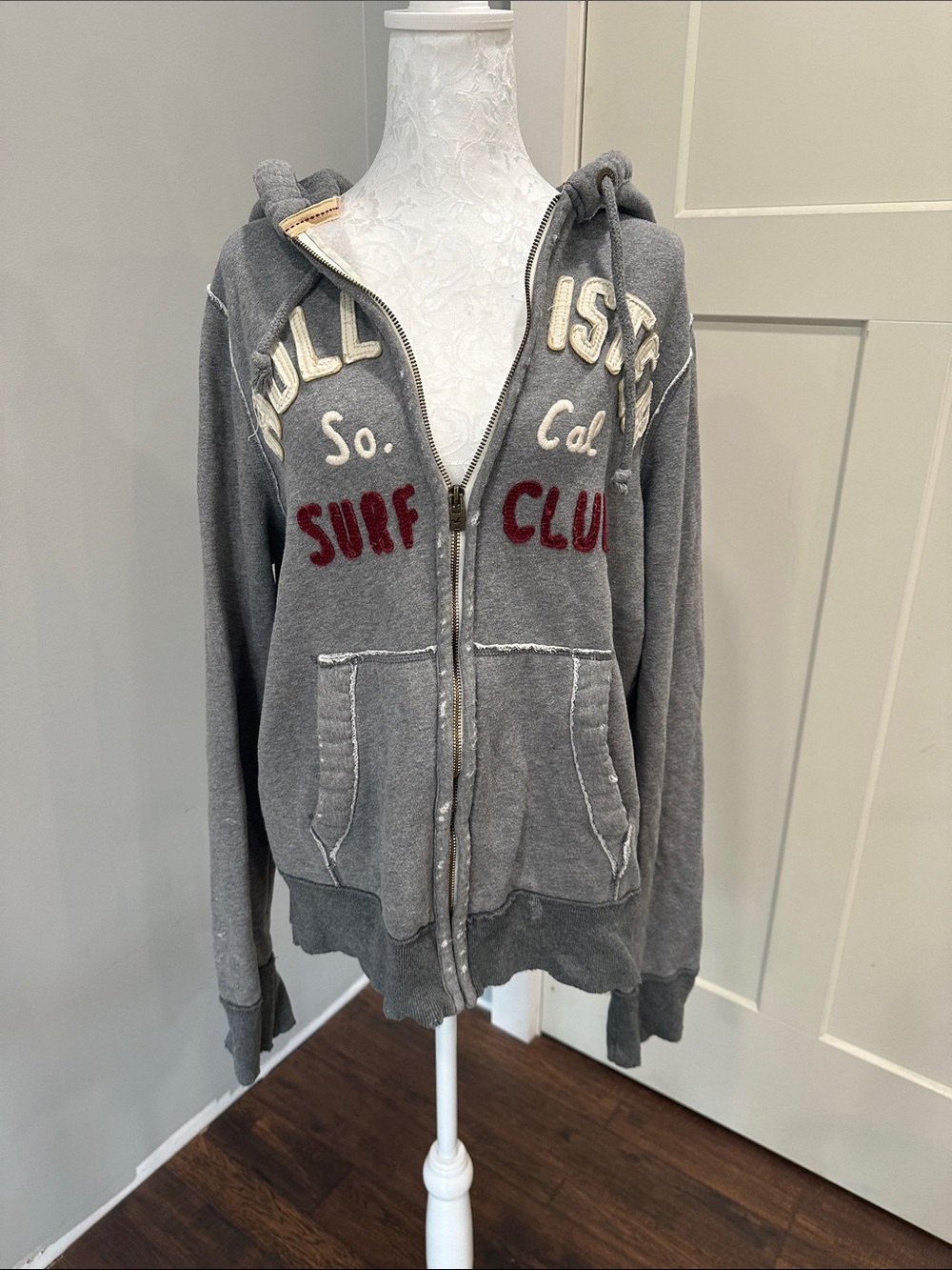 Hollister Gray Zip-Up Hoodie with Red Surf Club Lettering